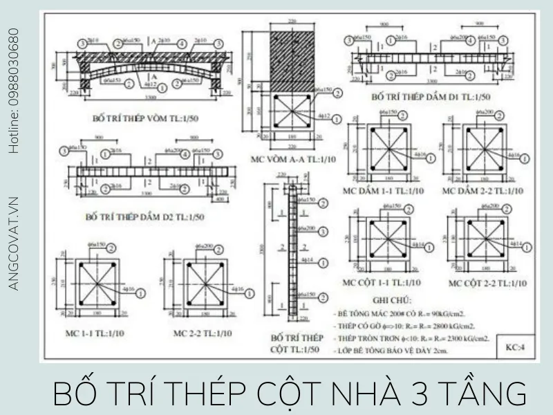 Bản vẽ bố trí thép cột trong nhà 3 tầng hiện đại
