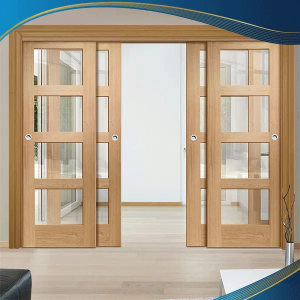 Cửa trượt lõi thép 4 cánh màu vân gỗ cùng sự kết hợp nan trang khí khiến khung cửa gia tăng độ chắc chắn và khả năng cách âm tốt.