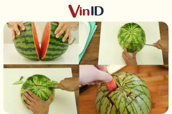 Cách bổ dưa hấu thành khối dài rất tiện lợi khi thưởng thức