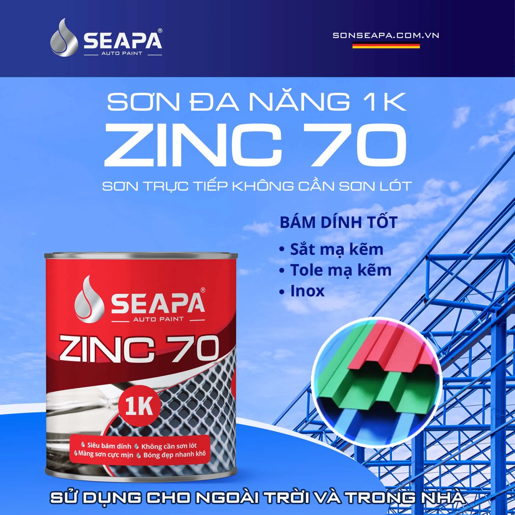 Sơn mạ kẽm 1K ZINC 70 SEAPA với độ bám dính cao trên bề mặt kim loại