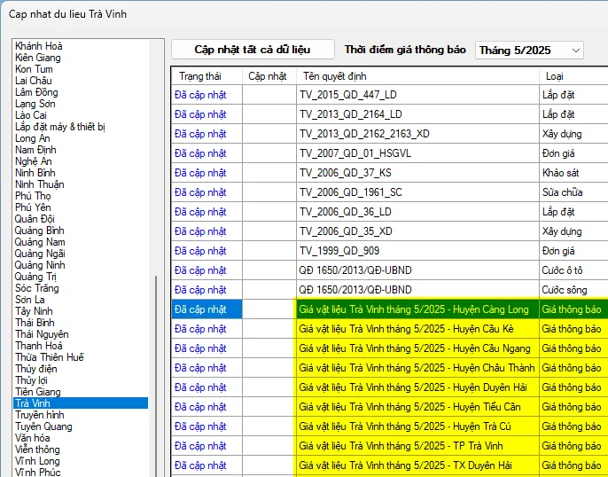 Giao diện cập nhật dữ liệu giá vật liệu Trà Vinh trên phần mềm Dự toán F1