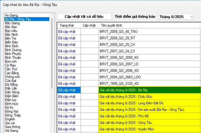 Giao diện cập nhật dữ liệu giá vật liệu xây dựng Bà Rịa tháng 6/2026 trên phần mềm Dự toán F1