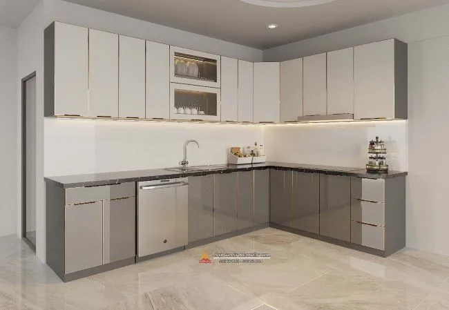 Thiết kế 3D tủ bếp inox cánh kính chữ L