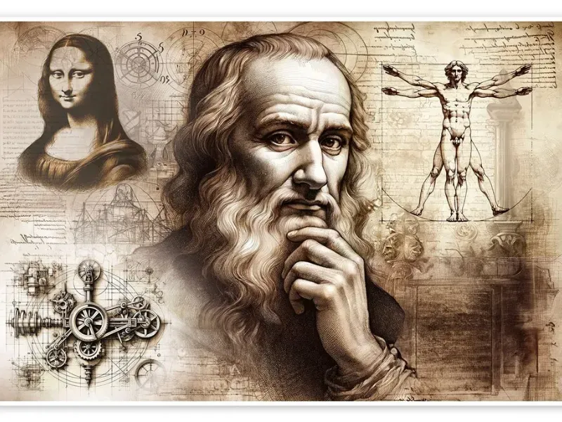 Sơ đồ phác thảo về các lĩnh vực hoạt động của Leonardo da Vinci bao gồm kỹ thuật, giải phẫu học, và hội họa trong thời Phục Hưng.