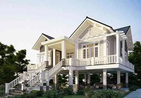 Thiết kế nhà sàn bê tông hai tầng với gầm để xe