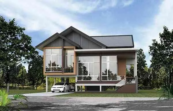 Mẫu nhà sàn hiện đại với mặt tiền kính và lan can inox