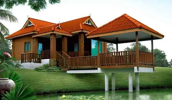 Nhà sàn ven hồ với sân hiên rộng và cảnh quan xanh