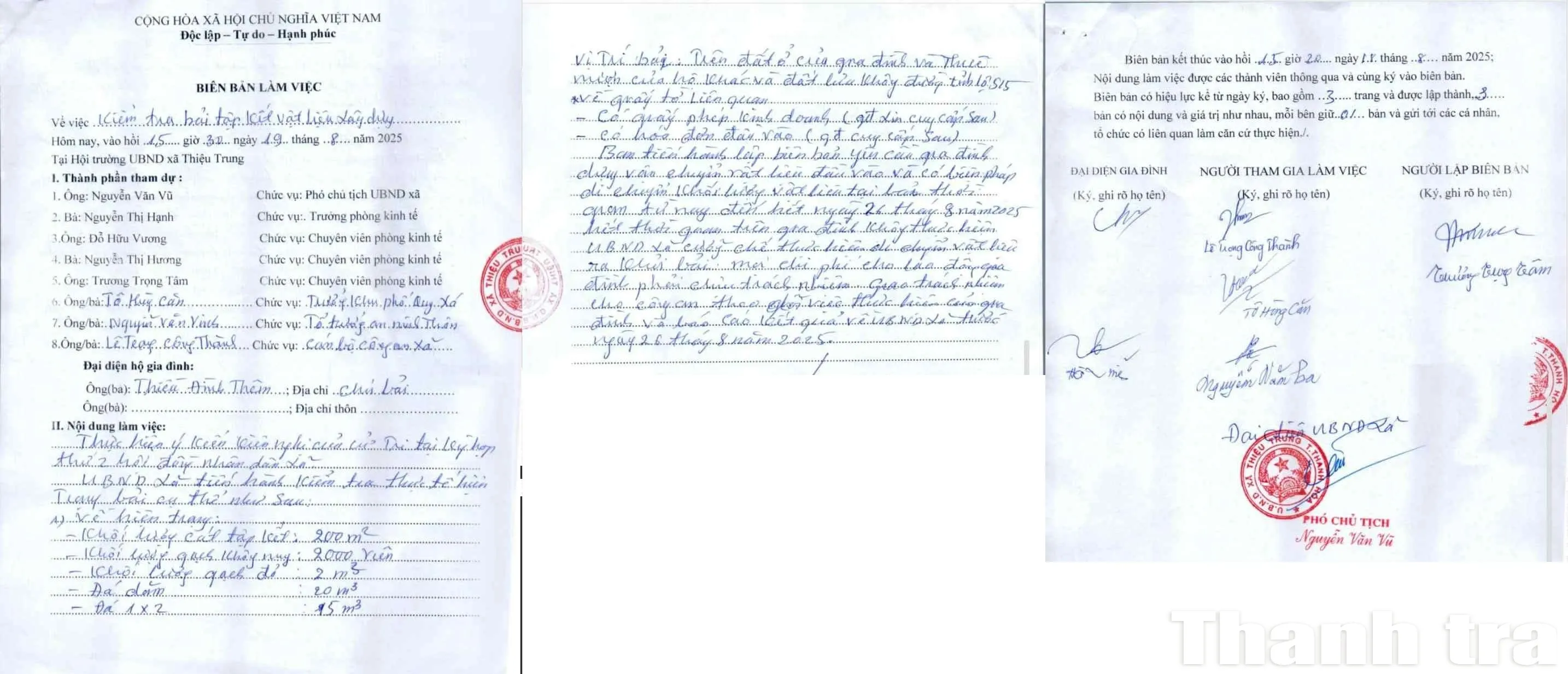 Biên bản xử lý vi phạm hành chính đối với bãi tập kết vật liệu xây dựng không phép tại xã Thiệu Trung