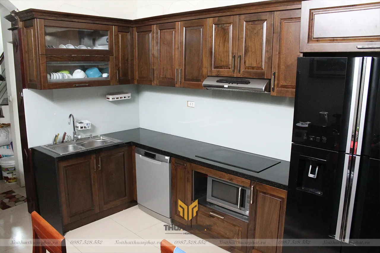 Tủ bếp inox cánh gỗ Óc Chó nhà chú Long - Quan Hoa, Cầu Giấy, HN