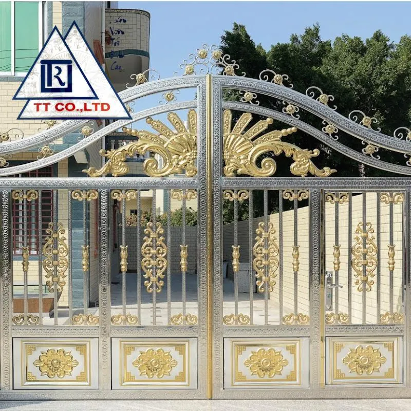 Mẫu cổng inox 2 cánh hoa văn mạ vàng