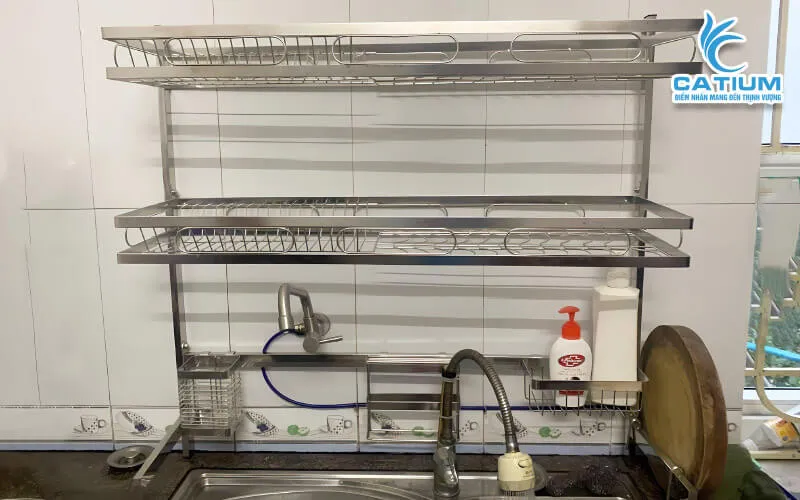 ảnh thực tế kệ chén 2 tầng inox 304 dài 85cm