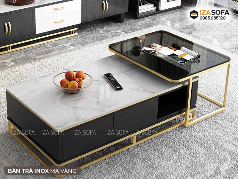 Bàn trà chữ nhật chân mạ vàng pvd