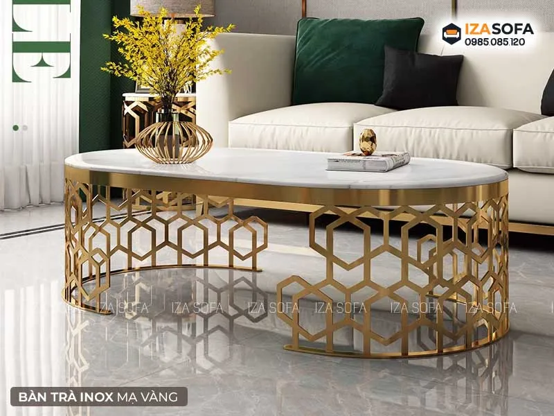 Bàn trà inox mạ vàng hình oval