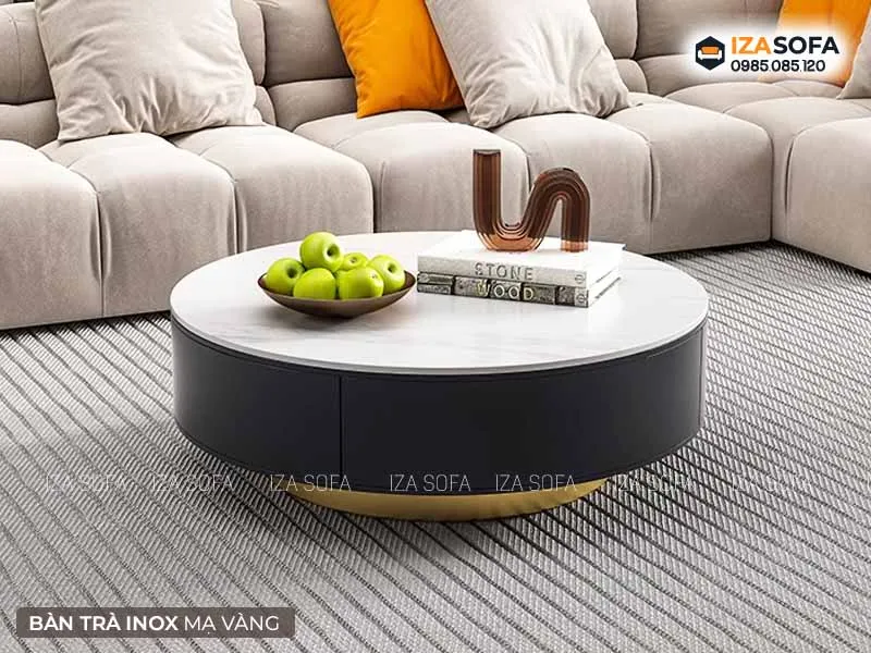Bàn trà tròn chân mạ vàng