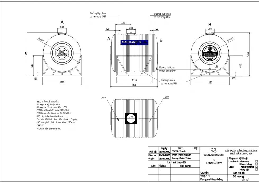 Bồn nước inox 1500 lít ngang của Tân Á Đại Thành