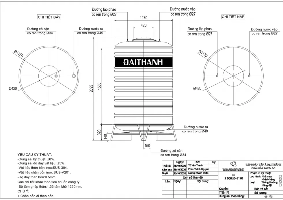 Bản vẽ kích thước bồn nước inox 2000 lít đứng Tân Á Đại Thành