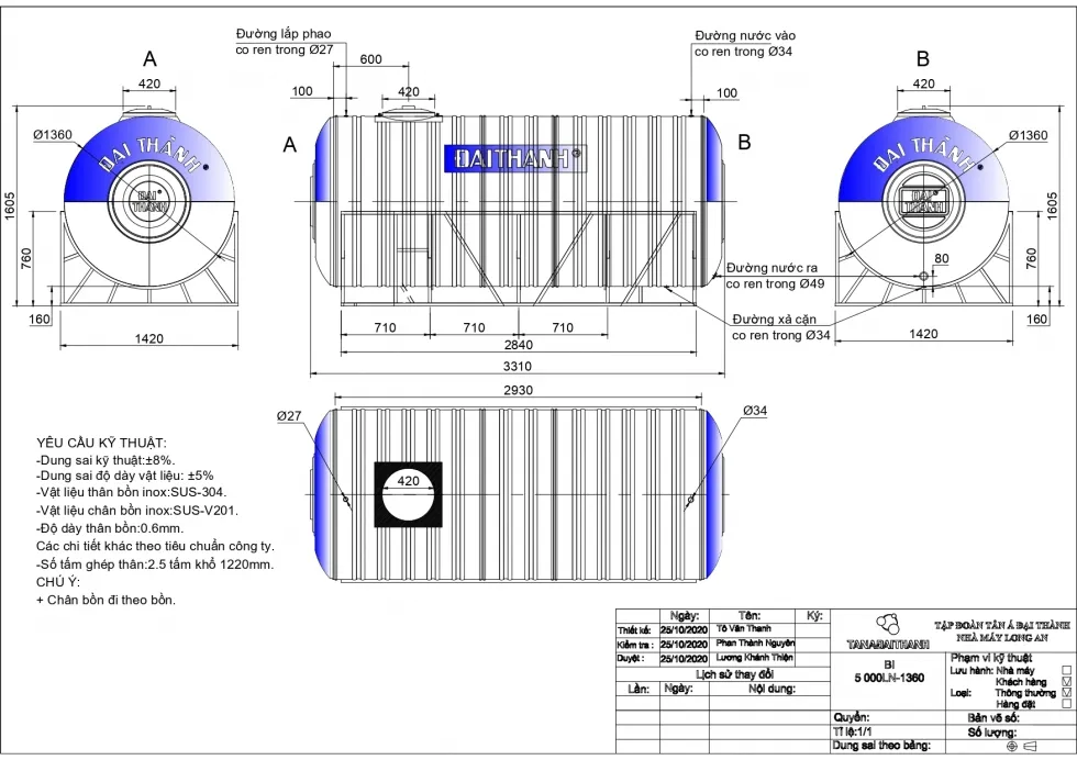 Bản vẽ bồn nước inox 5000 lít nằm ngang Tân Á Đại Thành