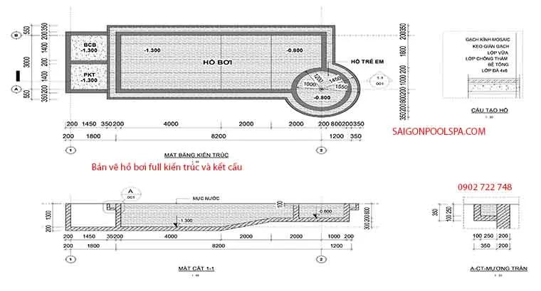 Bản vẽ hồ bơi full kiến trúc và kết cấu