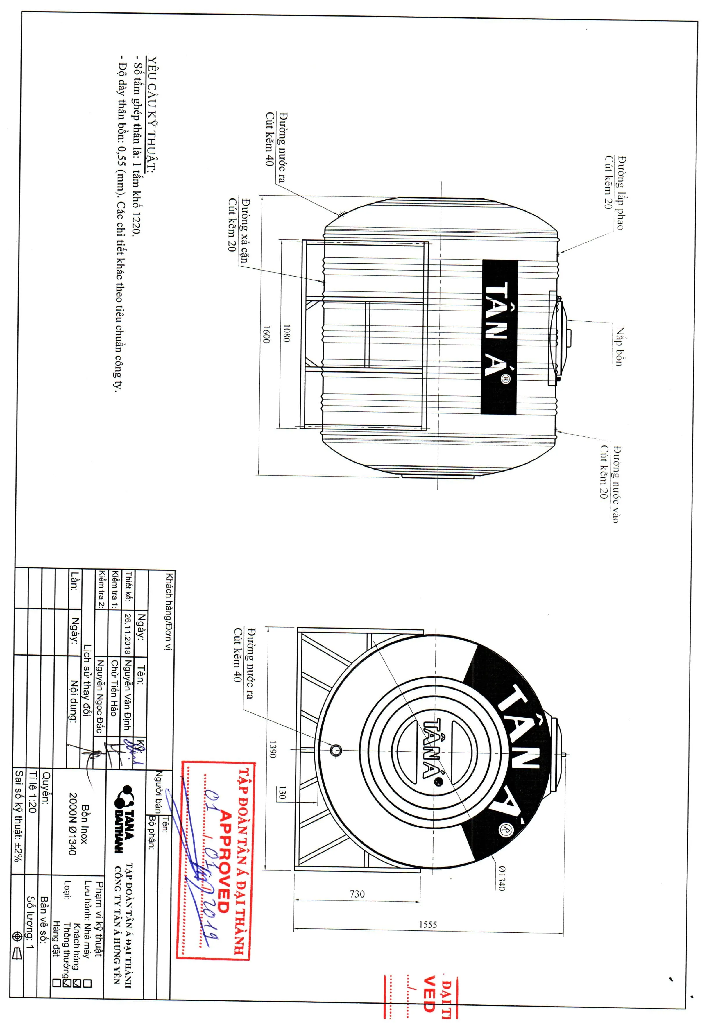 Bản vẽ kỹ thuật bể nước inox Tân Á 2000L nằm