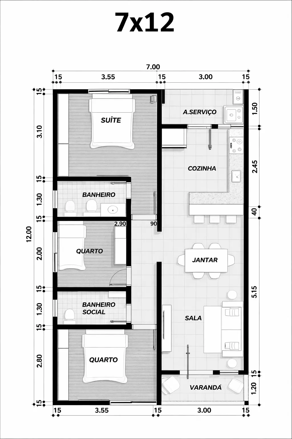 Bản vẽ biệt thự phố 7x12m