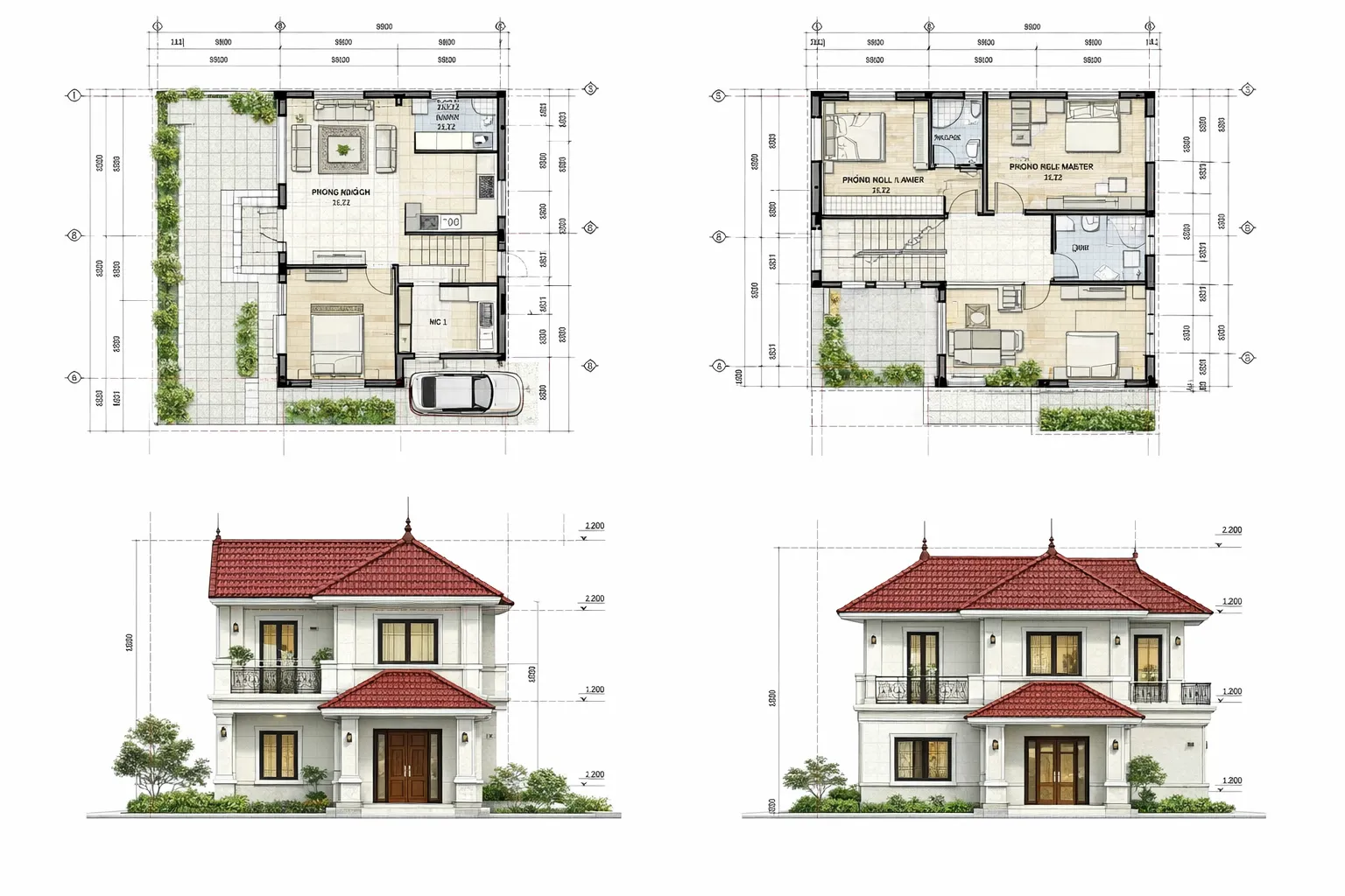 Bản vẽ nhà mái Thái 2 tầng