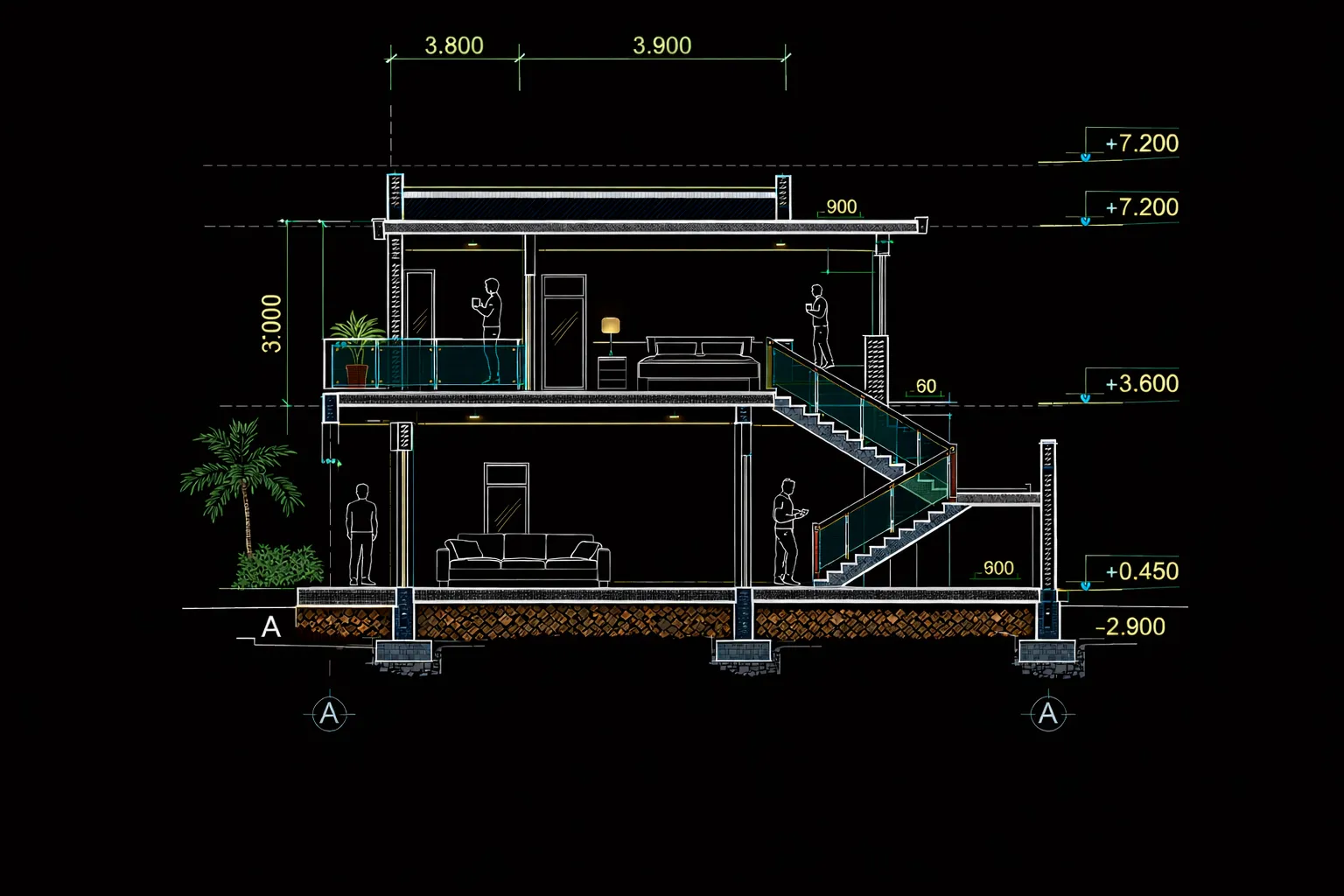Bản vẽ mặt cắt nhà 2 tầng