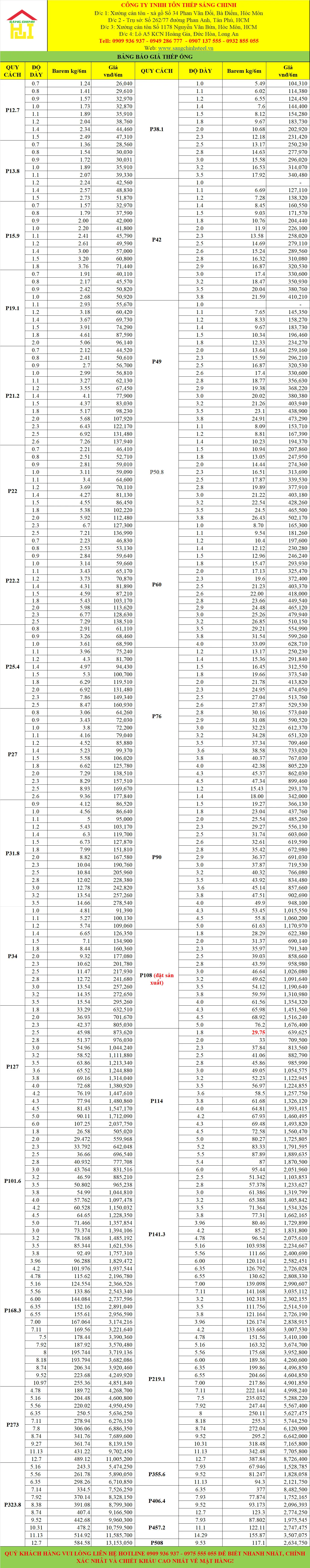 Bảng báo giá thép ống tại Sáng Chinh STEEL