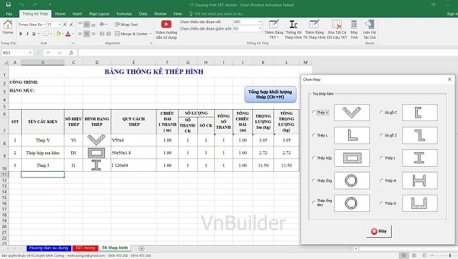 Bảng thống kê thép hình bằng Excel TKT với 42 hình dạng