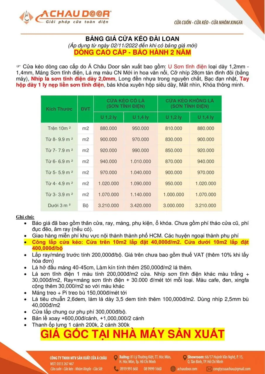 bảng giá cửa kéo đài loan dòng cao cấp