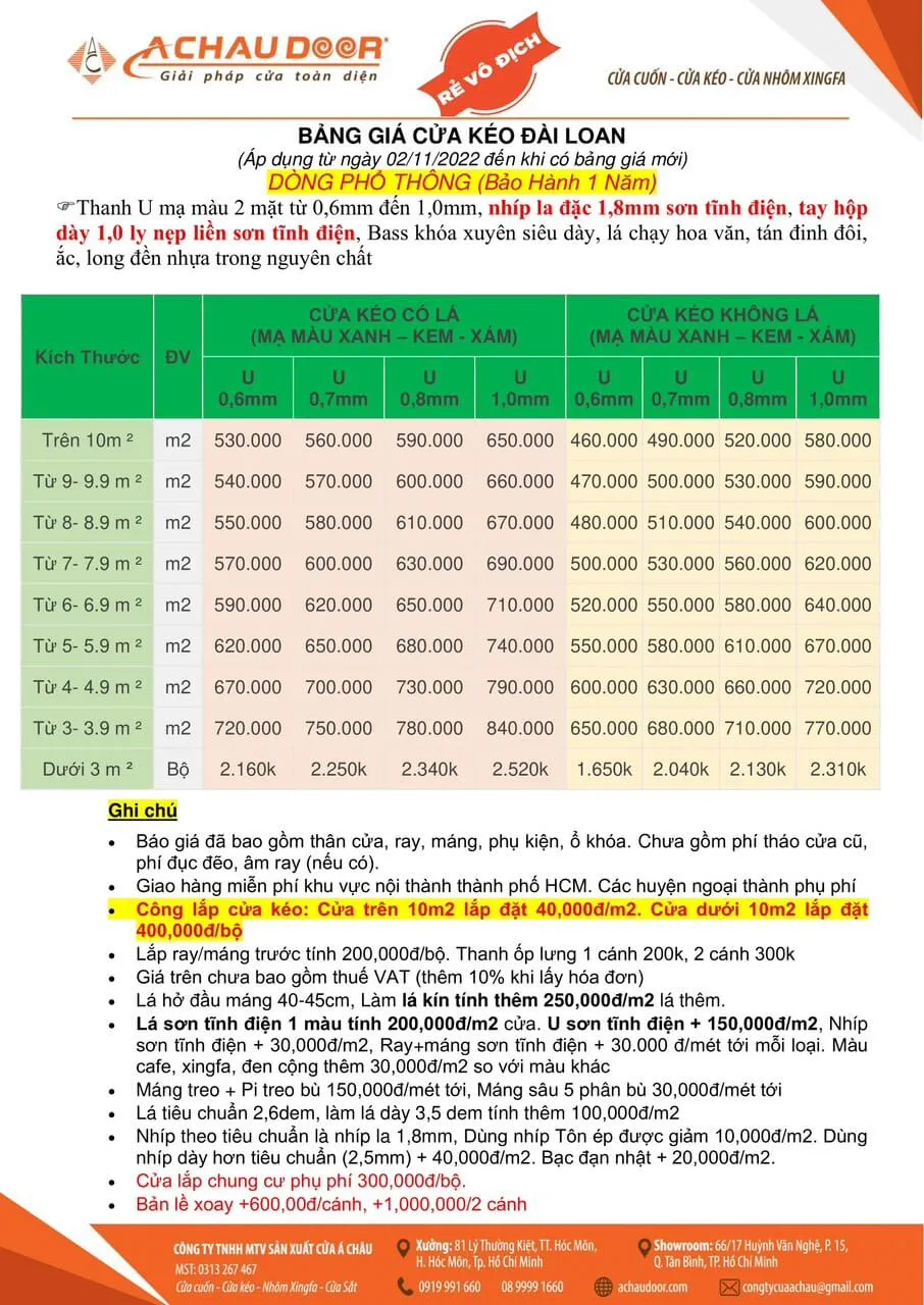 bảng giá cửa kéo đài loan dòng phổ thông