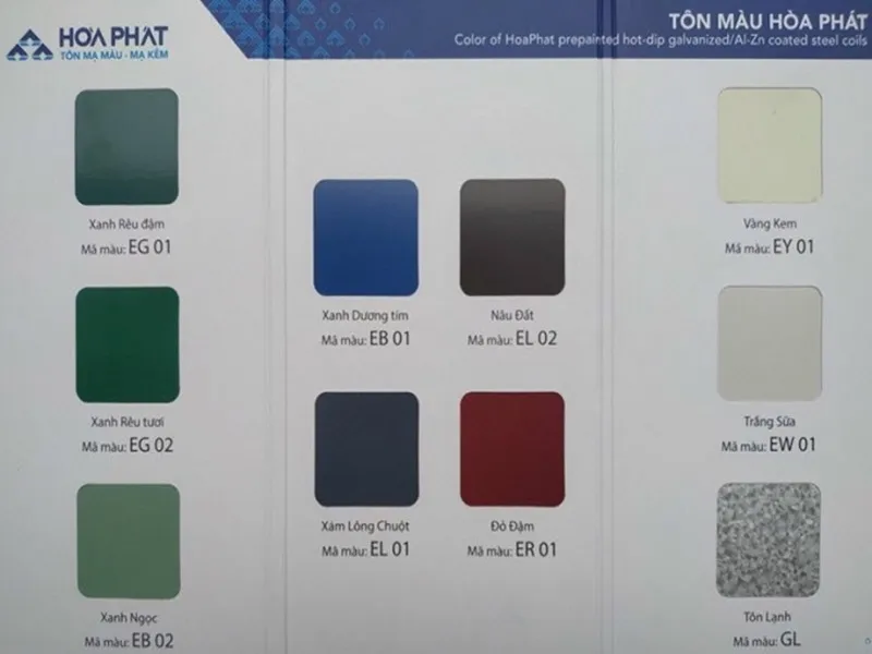Bảng màu của sản phẩm tôn Hòa Phát