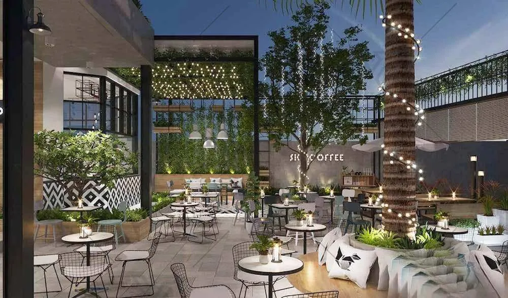 Không gian sân vườn thoáng đãng với nhiều cây xanh trang trí