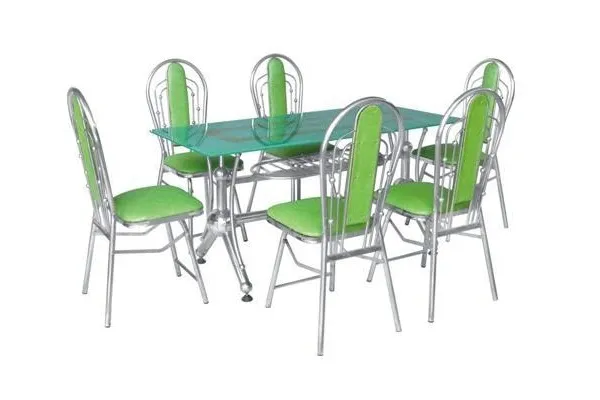 Bộ bàn ghế inox mặt kính chân phi thuyền cao cấp 1,6m