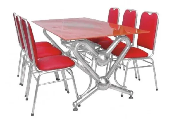 Bộ bàn ghế inox mặt kính chân tim 1,6 mét