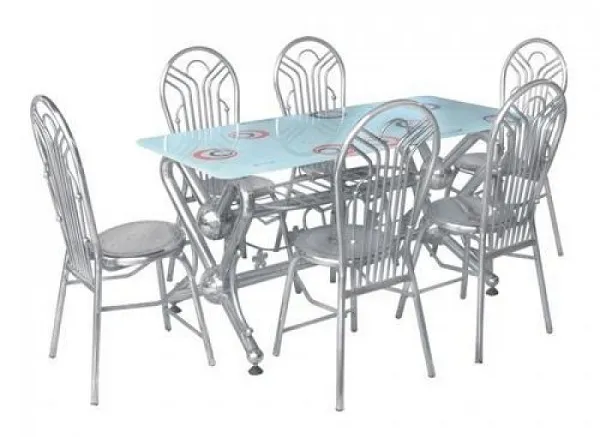 Bộ bàn ghế inox mặt kính dài chân tim 1,6m