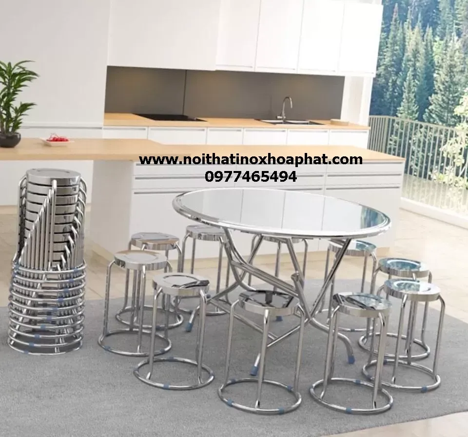 Bộ bàn tròn và 10 ghế làm từ inox