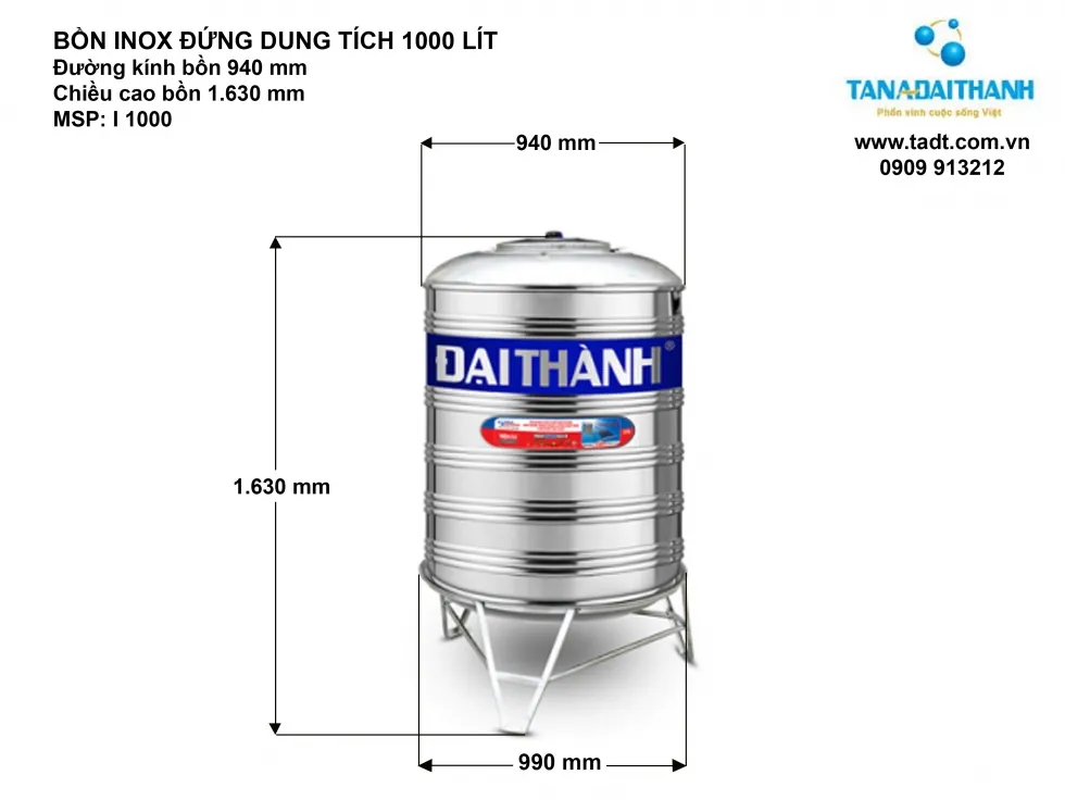 Kích thước bồn nước inox 1000 lít đứng