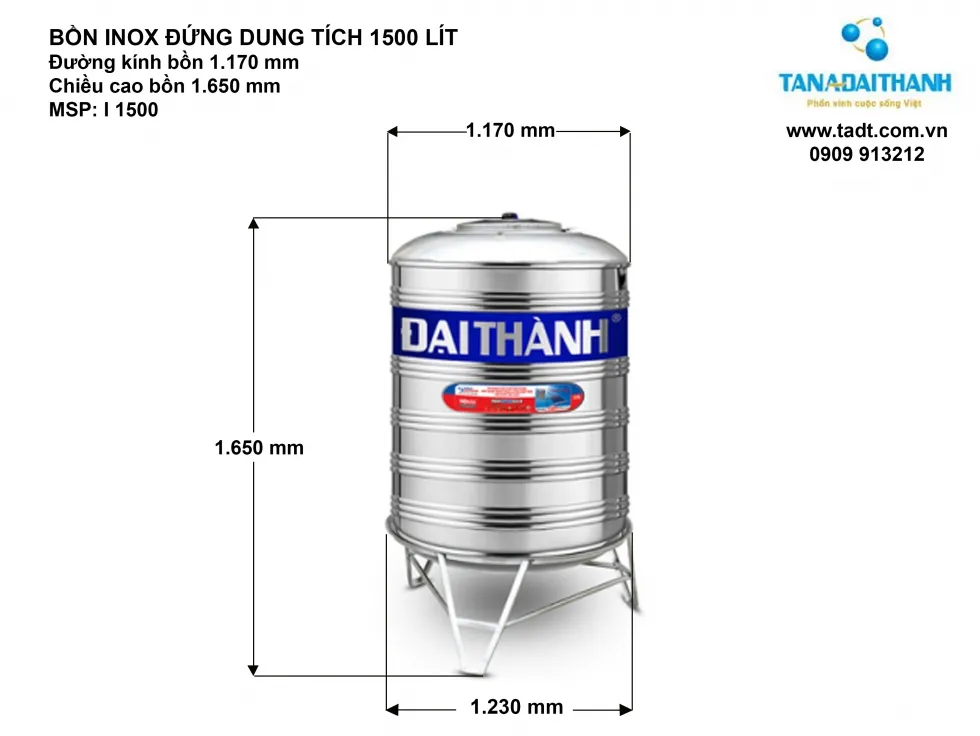 Kích thước bồn nước inox 1500 lít đứng Tân Á Đại Thành