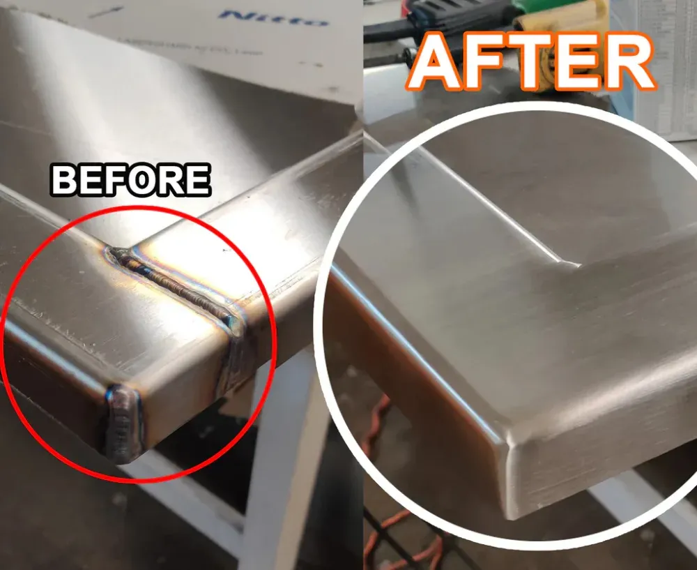 Thợ sử dụng máy mài góc để làm phẳng mối hàn inox