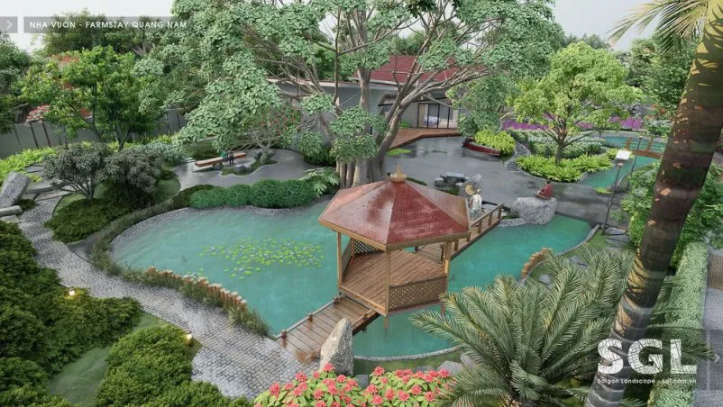 Mẫu chòi lục giác bằng sắt đặt bên hồ nước thơ mộng