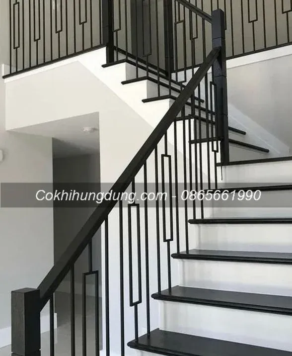 Mẫu cầu thang sắt tay vịn gỗ đẹp