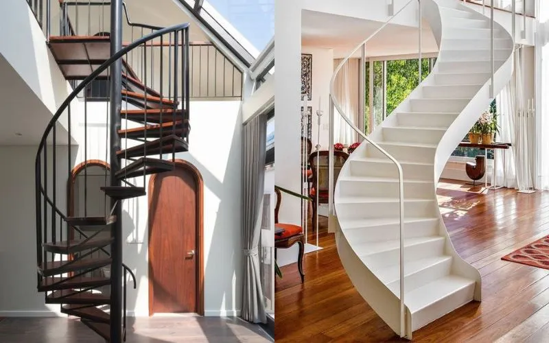 Mẫu cầu thang sắt đẹp dạng xoắn tạo điểm nhấn cho không gian sống
