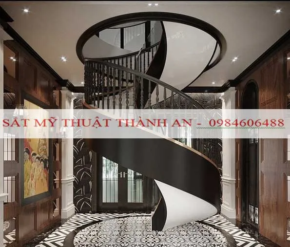 Cầu thang xoắn ốc thép tấm với mặt bậc gỗ
