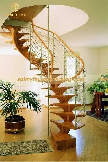 Mẫu thiết kế thanh vịn bằng inox kết hợp gỗ, phần bậc làm từ gỗ