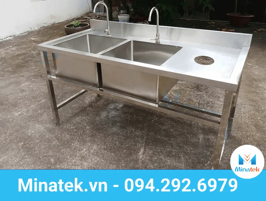 chậu rửa inox đôi 2 hộc có lỗ xả rác