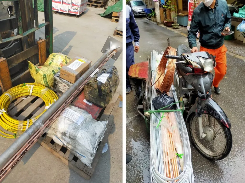 Xe tải giao vật tư chống sét đến công trình