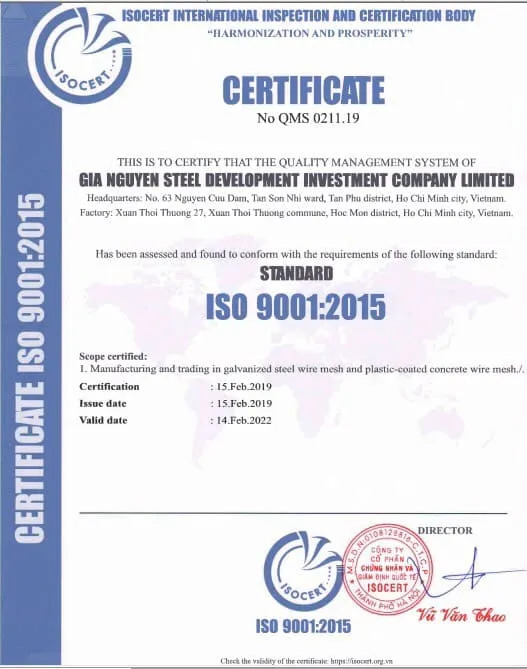 Chứng nhận iso 9001 về lưới b40 của Gia Nguyễn