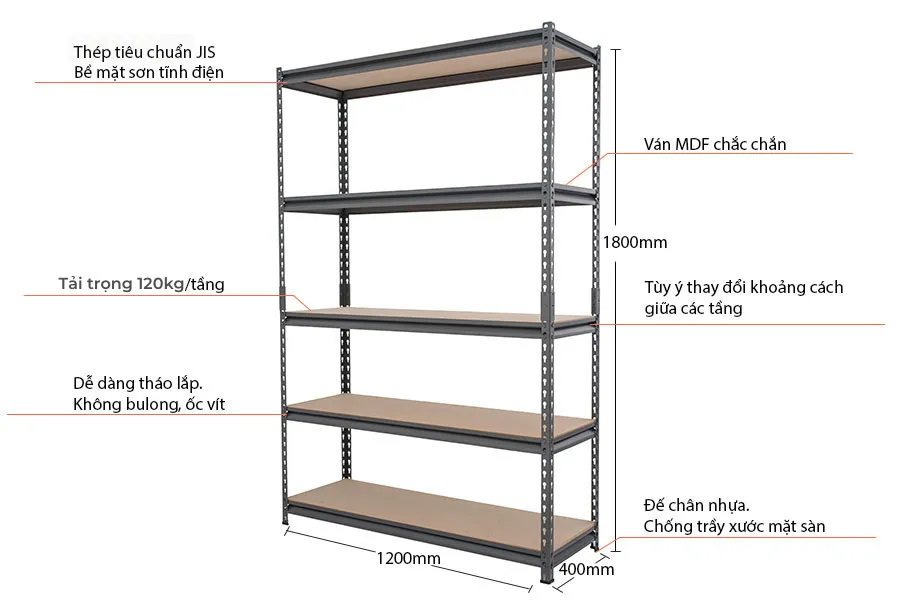 Kệ V cải tiến lót ván - Kích thước D1200mm-R400mm-C1800mm