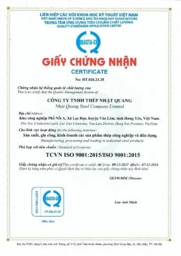 chứng nhận chất lượng ống thép mạ kẽm