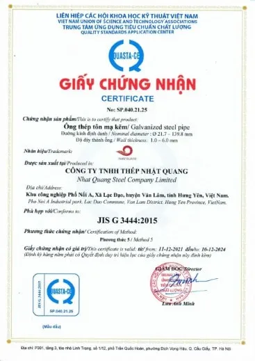 chứng nhận chất lượng ống thép mạ kẽm